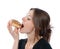 Woman enjoy donut. Unhealthy junk food concept