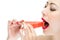 woman enjoy eating watermelon with red lips, bite