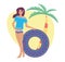 Woman enjoy resting on the beach with inflatable circle, flat cartoon illustration. Vector composition with beach, palm