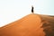 Woman enjoy sand dunes top in desert stretch arms pose . Travel lifestyle and wellness concept. Cinematic wanderlust background