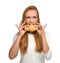 Woman enjoy sweet croissant. Unhealthy junk food dessert concept