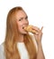 Woman enjoy sweet croissant. Unhealthy junk food dessert concept