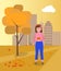 Woman enjoying with falling leaves. Autumn scenery and activity. Girl on the background of cityscape