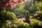 Woman enjoying moment of solitude in tranquil garden. Generative AI