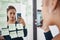 Woman entrepreneur with mirror selfie and sticky note for business planning with a sad, confused face. Startup girl with