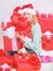 Woman excited blonde hold gift box with bow. Perfect gift for girlfriend or wife. Santa bring her gift that she always