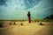 Woman excited standing on dry dirt field