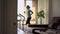 Woman exercises on a treadmill in her living room. Healthy life concept
