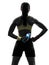 Woman exercising fitness holding energy drink rear view silhoue