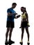 Woman exercising fitness man coach using digital tablet