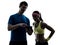 Woman exercising fitness man coach using digital tablet silhou