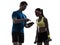 Woman exercising fitness man coach using digital tablet silhoue