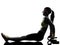 Woman exercising fitness push ups with holders silhouette