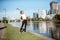 Woman exercising in Frankfurt city