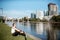 Woman exercising in Frankfurt city