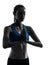 woman exercising yoga portrait meditating hands joined silhouette