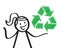Woman explaining recycle symbol, ecology, female stick figure smiling and pointing