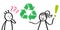 Woman explaining recycle symbol, ecology, stick figure student and teacher, questions and answers