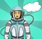 Woman with expression of surprise on her face in cosmonaut suit and speech bubble for your design, pop art style.