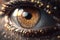 Woman eye with shiny golden iris closeup image. Generative AI