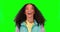 Woman, face and comic laughing by green screen with joke, fashion and excited for mock up by background. Happy gen z