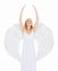 Woman, face and dancing in studio with angel wings for halloween dress up, celestial fashion and confidence. Model