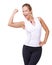 Woman, face and flex or excited in studio for fitness, wellness or workout progress and sportswear. Person, happy or arm