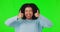 Woman, face and happy, thumbs up and green screen, hand gesture emoji and agreement on studio background. Excited