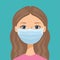 Woman face in Medical blue mask. Young girl in medical protection mask. Vector illustration