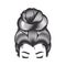 Woman face with messy hair bun and long eyelashes vector line art illustration