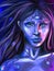 woman face in neon light, digital fantasy illustration, third eye