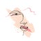 Woman face one line drawing on pastel pink brush strokes. Design element for beauty logo, make up card, fashion apparel