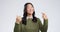 Woman face, pointing and self with a smile and business person ready for a promotion. Studio, white background and