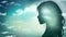 Woman face profile silhouette with sky and clouds background.Concept of thinking - psychology - imagination - intelligence or insp