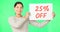Woman, face and promotion sign on green screen, smile and advertising with poster, store sale and discount. Portrait