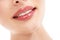 Woman, face or skincare lips with makeup cosmetics, mouth dermatology and healthcare wellness on white background. Zoom