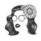 Woman face with vintage hairstyles for flower on long hair and sunglass vector line art illustration