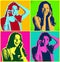 Woman faces with telephone.Popart illustration design over colourful background