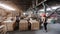 Woman Factory worker in helmet transporting packing firebricks with workshop rail mounted gantry crane