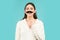 Woman with fake mustache. Having fun. Suprised girl with moustache on stick. Photo booth concept.
