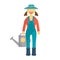 Woman farmer in denim overalls and a hat with a watering can