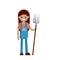 Woman farmer in overalls with fork in hands. Rural type of work