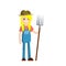 Woman farmer in overalls with fork in hands. Rural type of work.