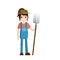 Woman farmer in overalls with fork in hands. Rural type of work.