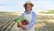 Woman farmer straw hat apron standing farmland smiling Female agronomist specialist farming agribusiness Happy positive