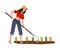 Woman Farmer in Straw Hat Cultivating Soil with Hoe on Garden Bed Vector Illustration