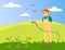 Woman farmer in uniform watering plants at the meadow using water hose, cartoon vector character