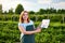 Woman farmer working in a strawberry field. Biologist inspector examines strawberry bushes and shows the level of crop growth usin