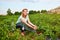 Woman farmer working in a strawberry field. Worker picks strawberries