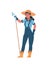 Woman farming. Cute girl stands with hoe, garden equipment and outfit for work. Hobby and countryside lifestyle